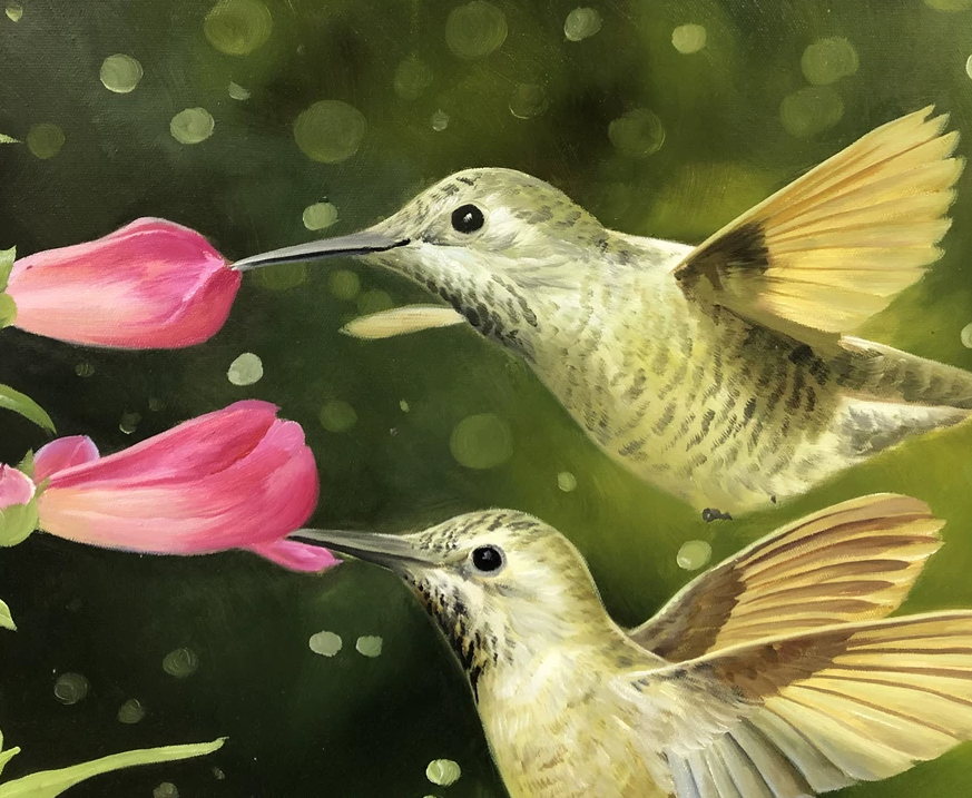 "Vibrant Wings Among Flowers" – Original Realistic Oil Painting by Master Kim Kyong Mi G2044
