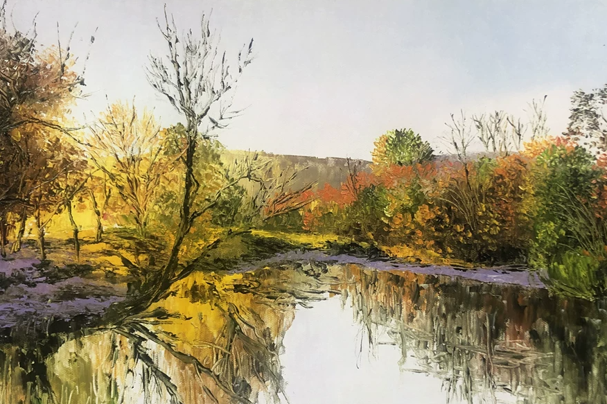"Golden Autumn Lake" – Original Impressive Realistic Oil Painting by Master Kim Jong Su 11884