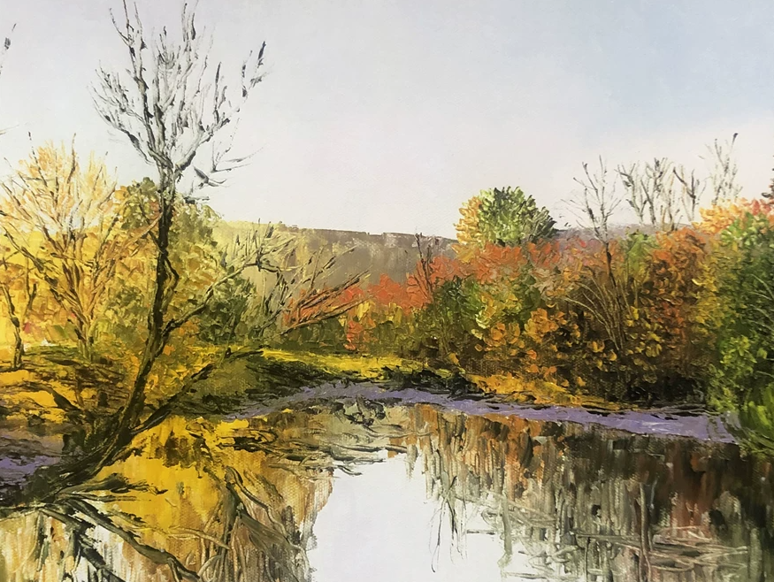 "Golden Autumn Lake" – Original Impressive Realistic Oil Painting by Master Kim Jong Su 11884