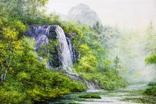"Azure Peaks and Emerald Waters" – Original Majestic Waterfall Landscape Oil Painting by Master Choe Song 7713