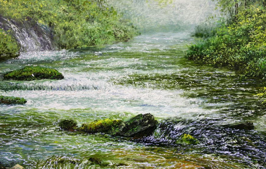 "Azure Peaks and Emerald Waters" – Original Majestic Waterfall Landscape Oil Painting by Master Choe Song 7713