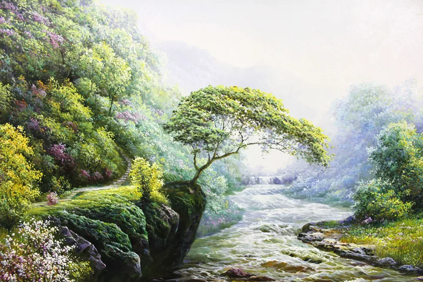 "The Rushing Stream" – Original 1.6M Large-Scale Realistic Landscape Oil Painting by Master Zhe Min 7710