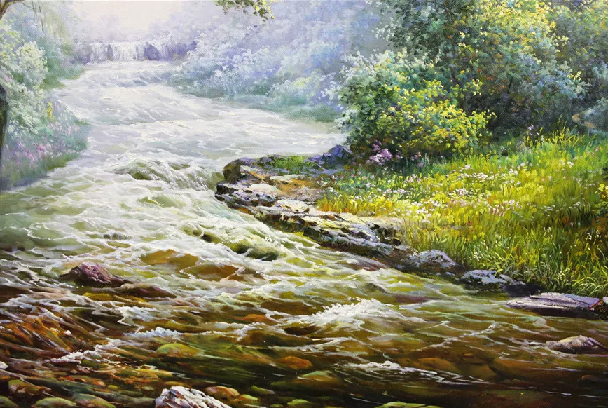 "The Rushing Stream" – Original 1.6M Large-Scale Realistic Landscape Oil Painting by Master Zhe Min 7710