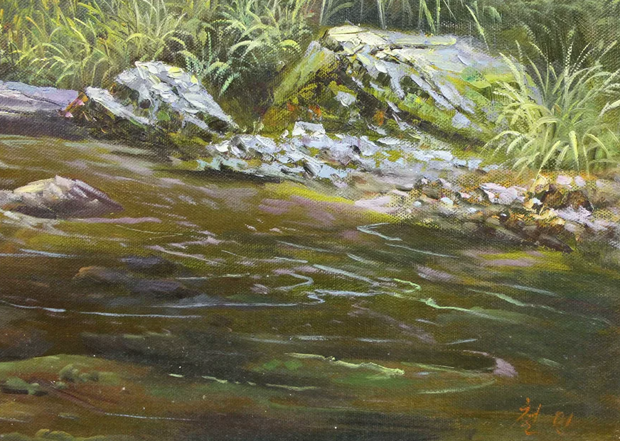 "The Rushing Stream" – Original 1.6M Large-Scale Realistic Landscape Oil Painting by Master Zhe Min 7710