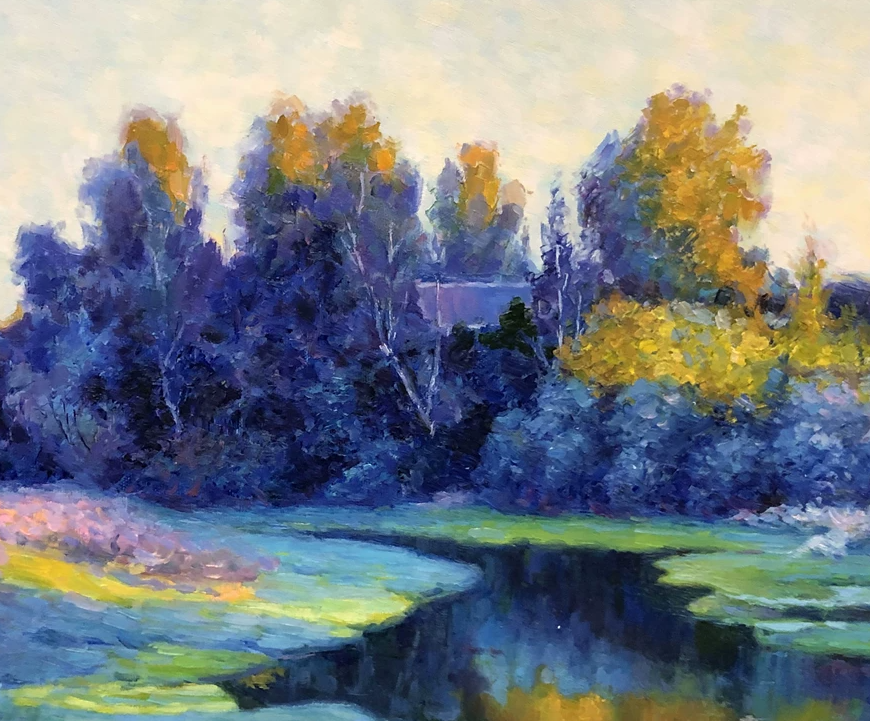 "Golden Willow & Blue River" – Original Impressionist Realistic Oil Painting 9340