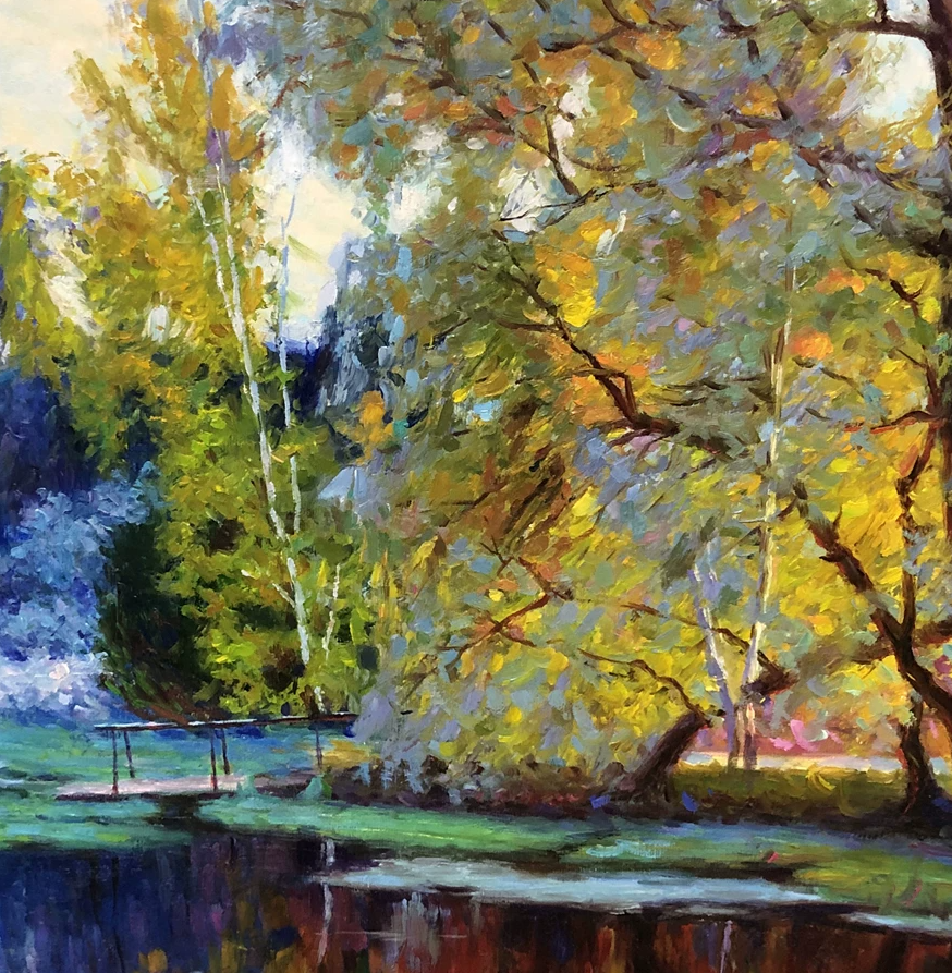 "Golden Willow & Blue River" – Original Impressionist Realistic Oil Painting 9340