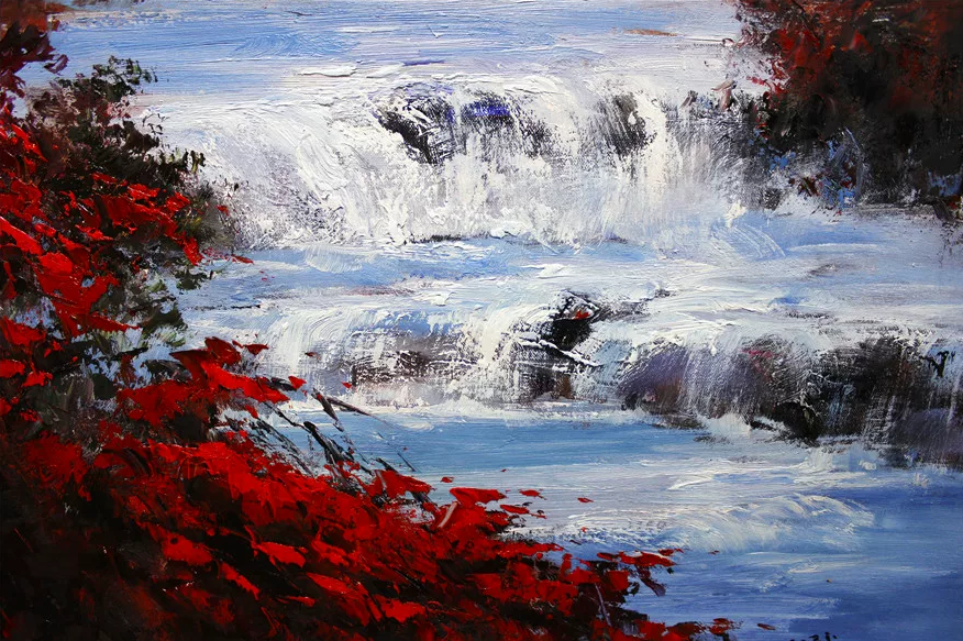 "Crimson Forest & Rushing Stream" – Original Impressionist Oil Painting by Master Artist Hong Chol 1840