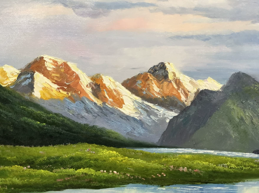 "Golden Peak & Mirror Lake" – Original Majestic Landscape Oil Painting by Master Artist Nam Su 15397