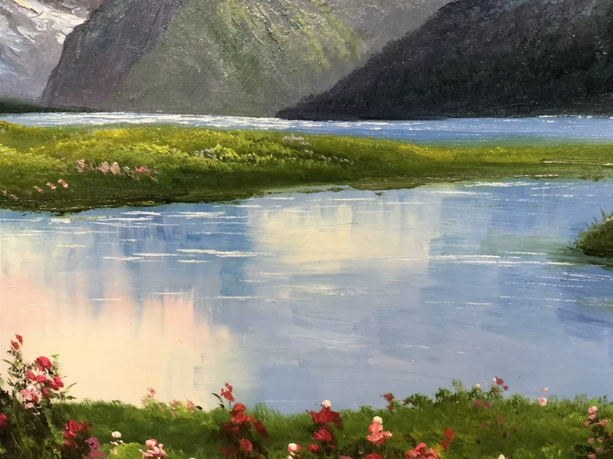 "Golden Peak & Mirror Lake" – Original Majestic Landscape Oil Painting by Master Artist Nam Su 15397