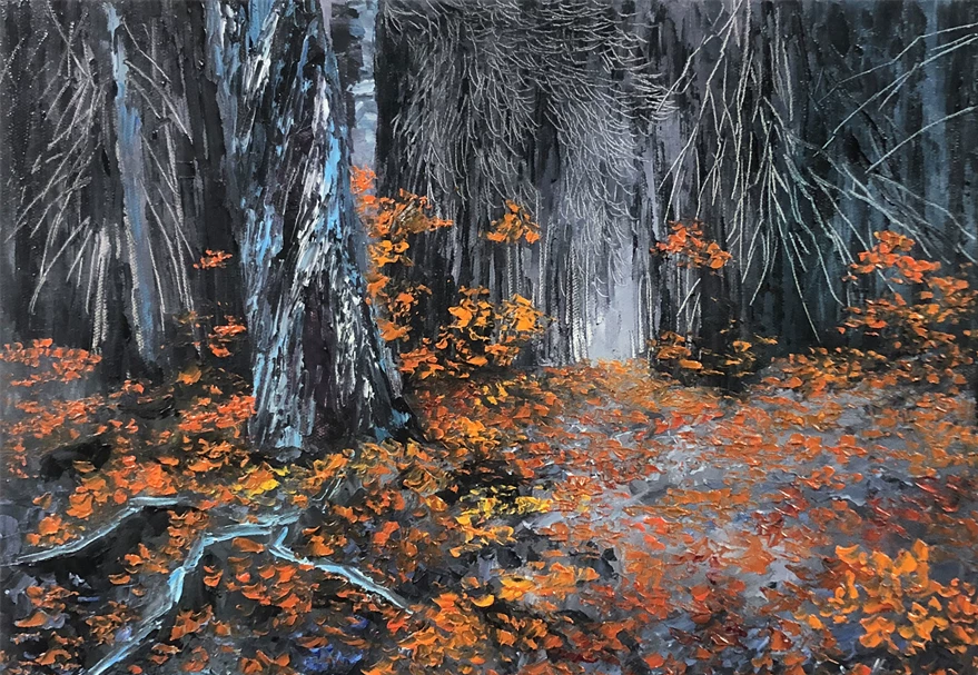 "The Crimson Canopy" – Original Realistic Autumn Maple Oil Painting by Master Artist Kim Jong Su 11924