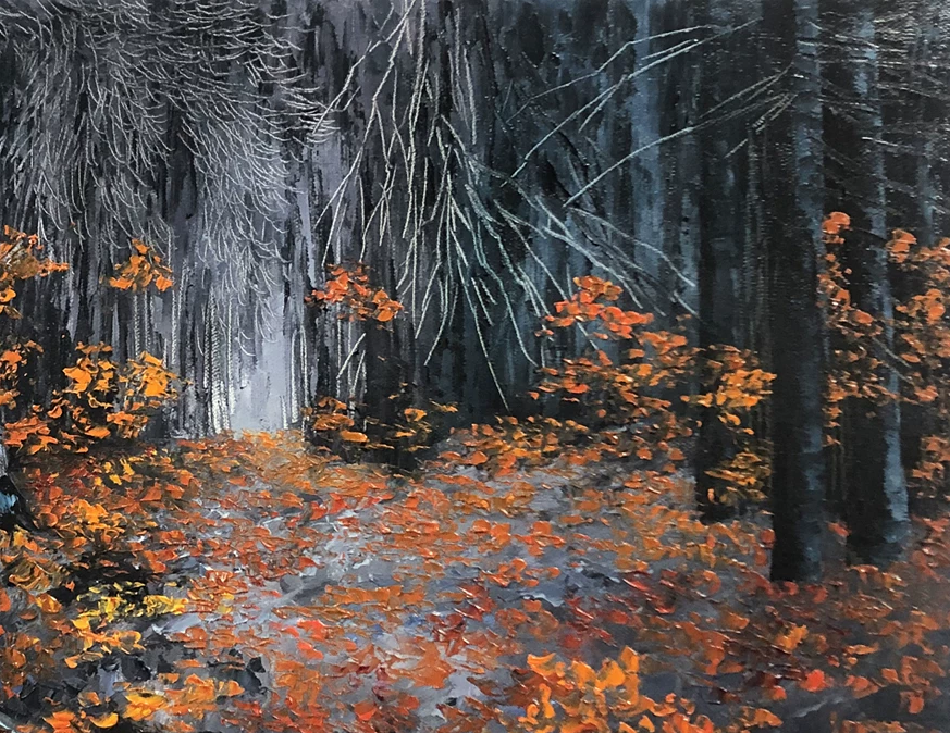 "The Crimson Canopy" – Original Realistic Autumn Maple Oil Painting by Master Artist Kim Jong Su 11924
