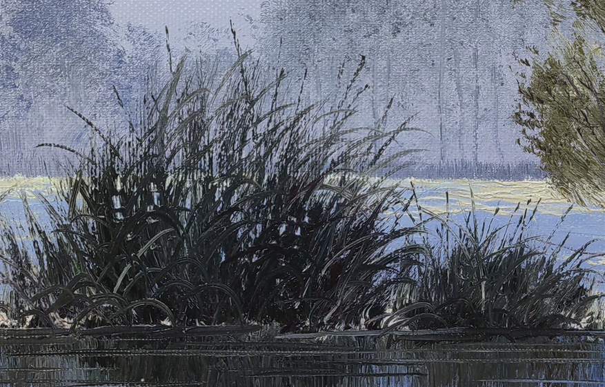 "Swan Lake Serenity" – Original Realistic Misty Forest Oil Painting by Master Artist Choe Myong Song 9787