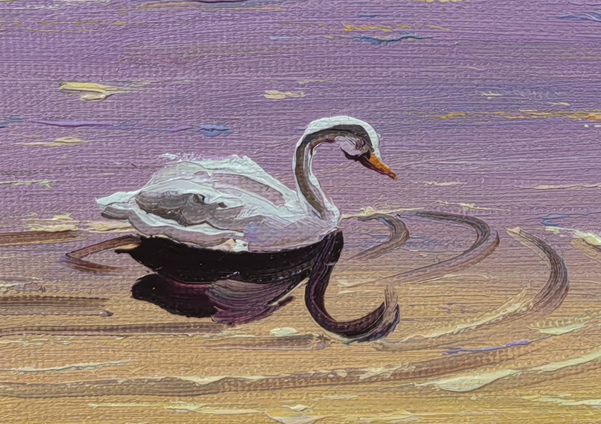 "Swan Lake Serenity" – Original Realistic Misty Forest Oil Painting by Master Artist Choe Myong Song 9787