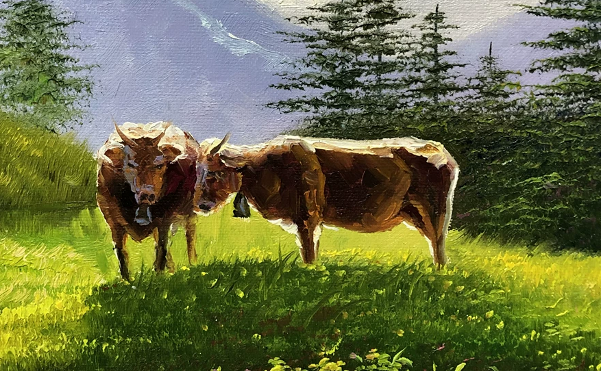 "Mountain Pasture Grace" – Original Realistic Oil Painting of Cattle Grazing by Master Artist Choe Myong Song 8873