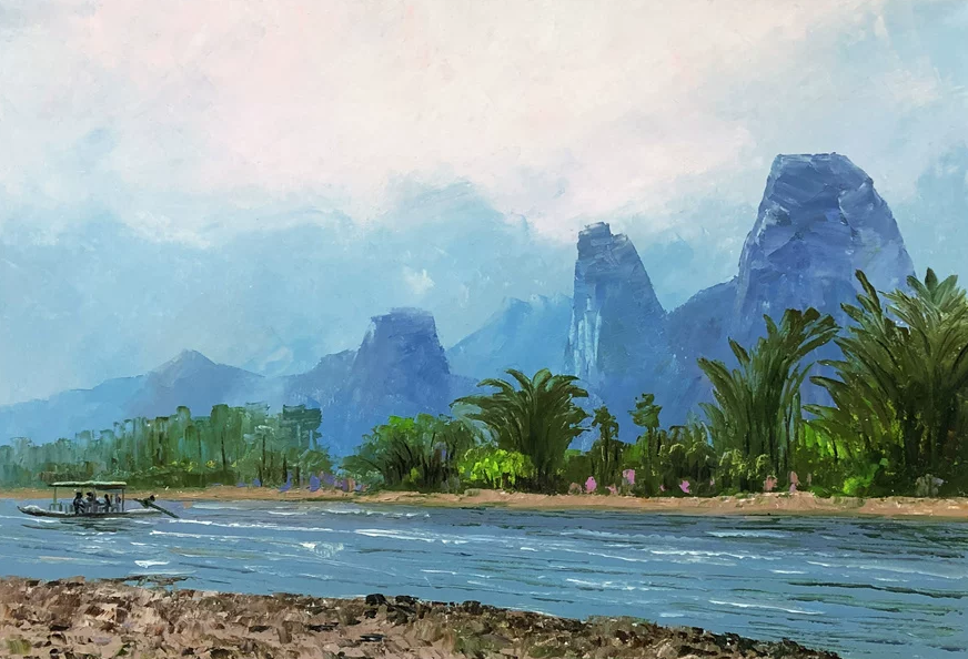 Original Oil Painting "Boating on the River" by Lim Seung Hee (Grade 1 Artist) | 54x37cm Ethereal Mountain & River Landscape 9316