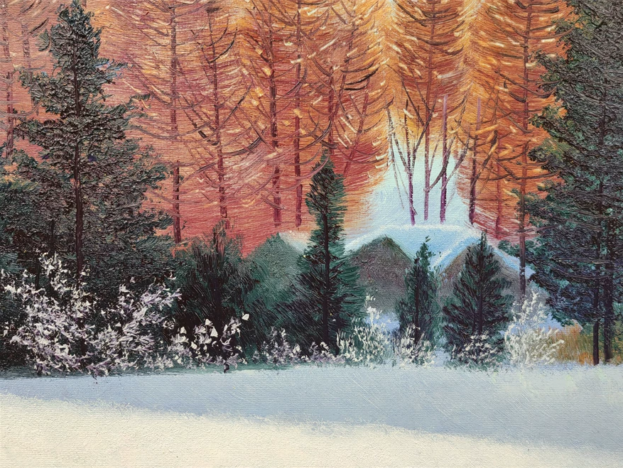 Original Oil Painting "Winter Serenade" by Paek Geum Chol (Grade 1 Artist) | 90x60cm Golden Sunset & Snow Landscape 8590