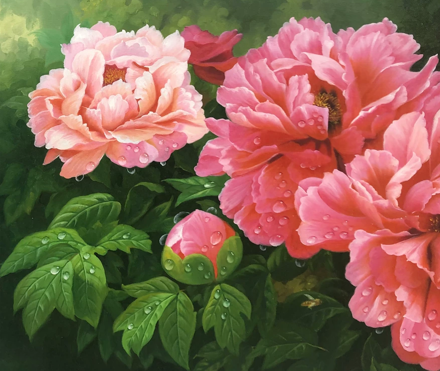 Original Oil Painting "Peonies in Full Bloom (Wealth & Prosperity)" by Bak Hyeon Cheol (Merited Artist) | 120x66cm Hyper-Realistic Floral Masterpiece 12556