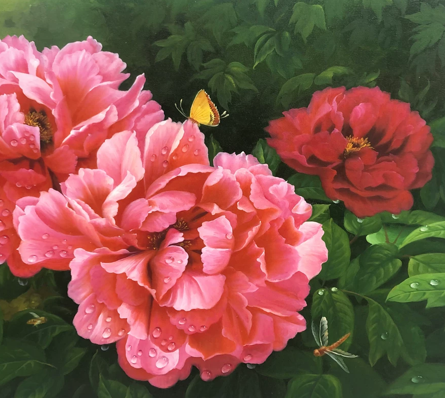 Original Oil Painting "Peonies in Full Bloom (Wealth & Prosperity)" by Bak Hyeon Cheol (Merited Artist) | 120x66cm Hyper-Realistic Floral Masterpiece 12556