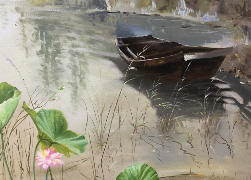 Original Oil Painting "Lotus Pond Reflection" by Jeong Hyeon (Grade 1 Artist) | 117x77cm Zen Ethereal Seascape G2181