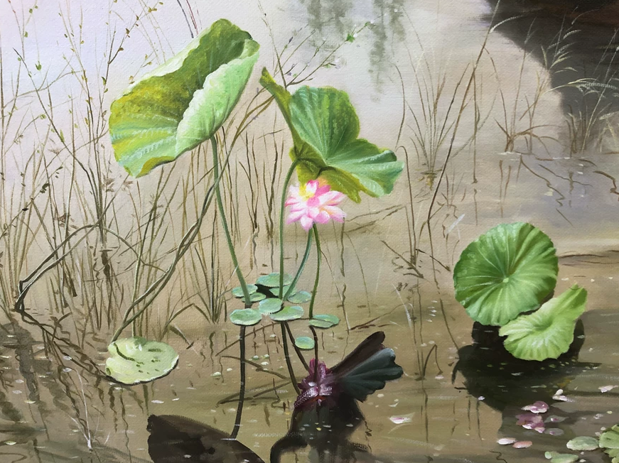 Original Oil Painting "Lotus Pond Reflection" by Jeong Hyeon (Grade 1 Artist) | 117x77cm Zen Ethereal Seascape G2181