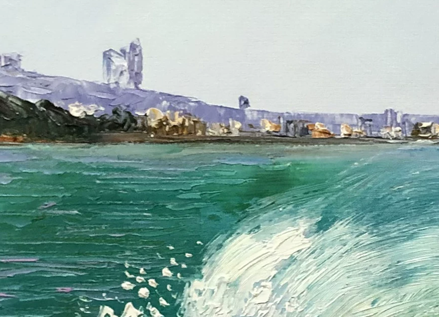 Original Oil Painting "Rippling Azure Waves" by Kim Eun Sim (Grade 1 Artist) | 53x38cm Modern Impasto Seascape & City Skyline 9747