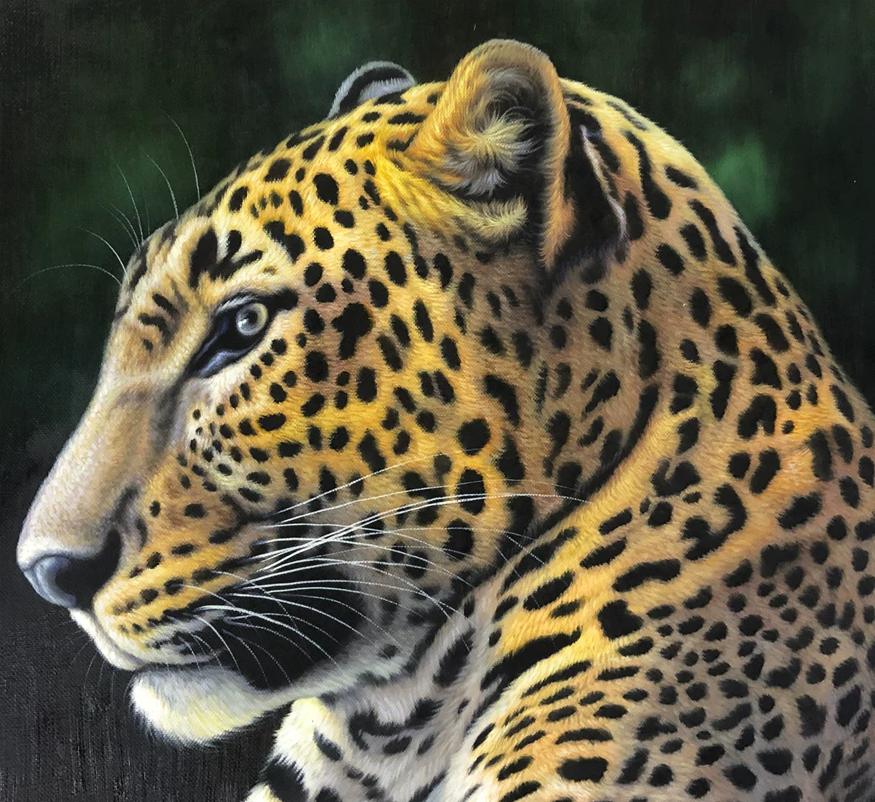 Original Oil Painting "The King's Glance (Leopard)" by Yeong Cheol (Grade 1 Artist) | 117x81cm Large Vertical Hyper-Realistic Wildlife Masterpiece G2187