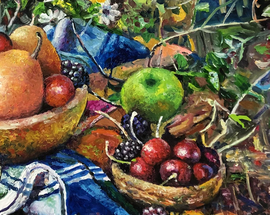 Original Still Life Oil Painting "Bountiful Harvest (Fruits)" by Ri Seong Cheol (Grade 1 Artist) | 100x67cm Large Horizontal Post-Impressionist Masterpiece G2221
