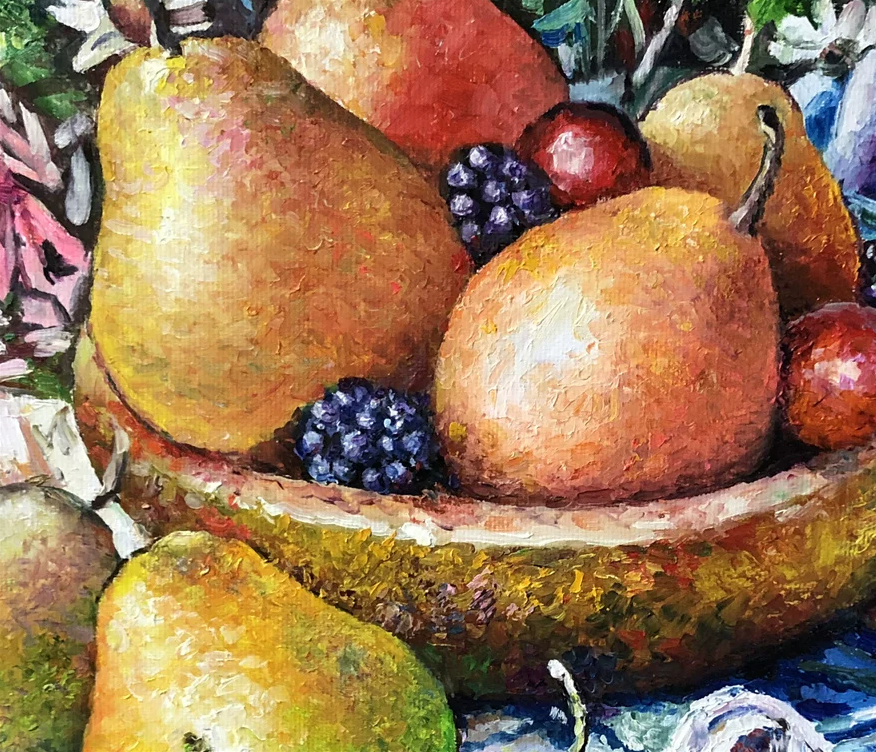 Original Still Life Oil Painting "Bountiful Harvest (Fruits)" by Ri Seong Cheol (Grade 1 Artist) | 100x67cm Large Horizontal Post-Impressionist Masterpiece G2221