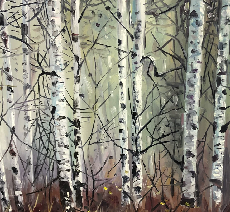 "The Birch Forest" By Renowned First-Class Artist Han Xianzhong – Original Hand-Painted Landscape Oil Painting (117×63 cm) G2193