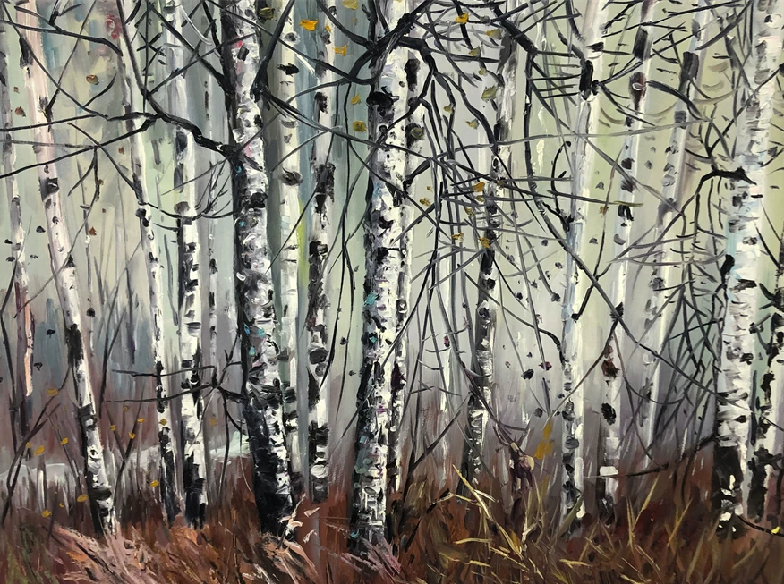 "The Birch Forest" By Renowned First-Class Artist Han Xianzhong – Original Hand-Painted Landscape Oil Painting (117×63 cm) G2193