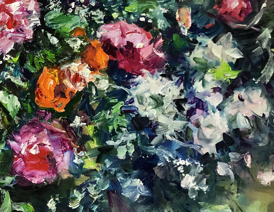 Original Floral Oil Painting "Blooms in Harmony" by Hong Myong Il (Grade 1 Artist) | 100x47cm Elegant Impressionist Wildflowers Masterpiece G2218