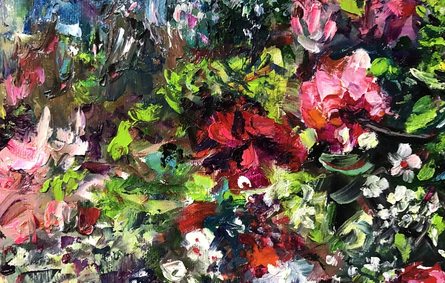 Original Floral Oil Painting "Blooms in Harmony" by Hong Myong Il (Grade 1 Artist) | 100x47cm Elegant Impressionist Wildflowers Masterpiece G2218