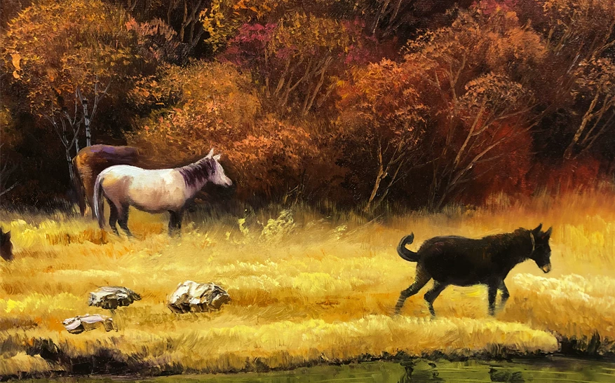 Original Oil Painting "Galloping in the Golden Woods" by Ri Gye Seop (Merited Artist) | 90x60cm Large Scale Equine & Autumn Landscape Masterpiece 10211