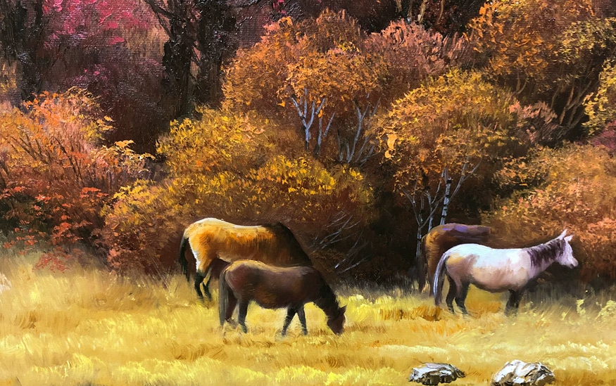 Original Oil Painting "Galloping in the Golden Woods" by Ri Gye Seop (Merited Artist) | 90x60cm Large Scale Equine & Autumn Landscape Masterpiece 10211