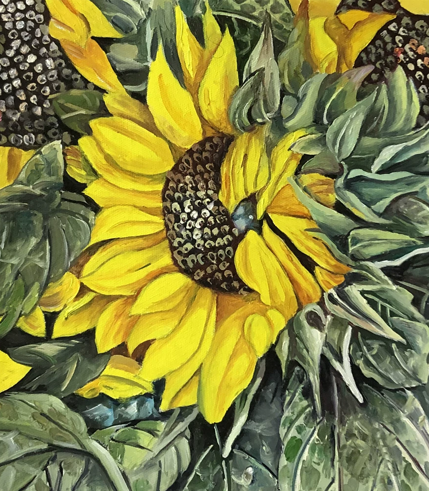 Original Oil Painting "Sunflowers in Golden Glow" by Hong Myong Il (First-Class Artist) | 100x49cm Textured Impressionist Floral Masterpiece for Entryway & Living Room G2222
