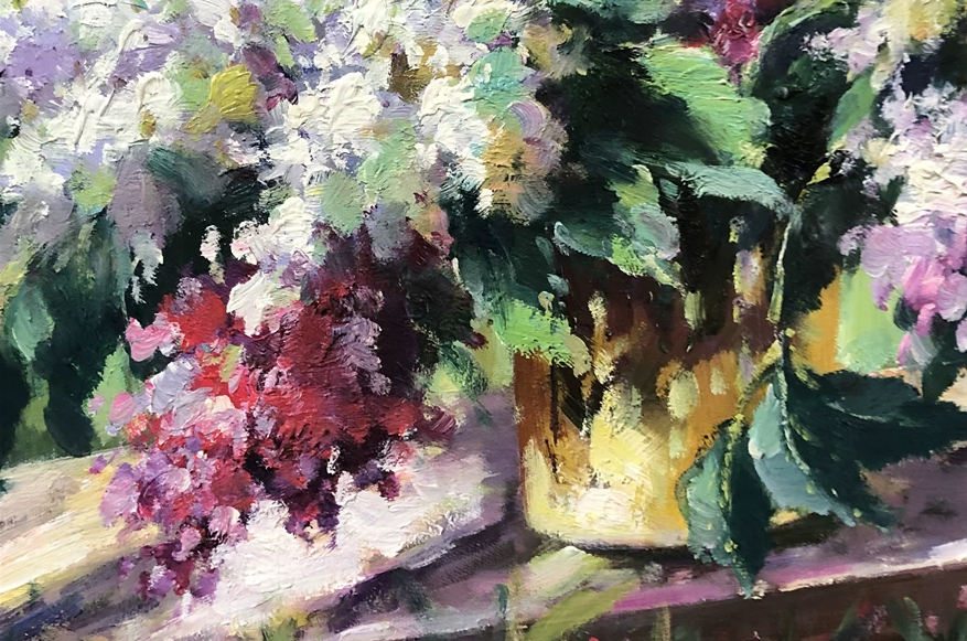 Original Impressionist Oil Painting "Lilacs in the Sunlit Vase" by Kim Hyun Myung (First-Class Artist) | 89x62cm Masterpiece Floral Still Life Canvas G2276