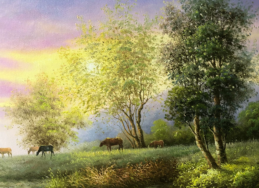 "Cattle by the Stream" - Original Landscape Oil Painting by Top-Tier North Korean Artist Zhe Nan (122×71cm) G2227