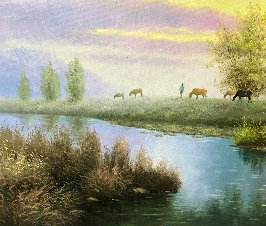 "Cattle by the Stream" - Original Landscape Oil Painting by Top-Tier North Korean Artist Zhe Nan (122×71cm) G2227