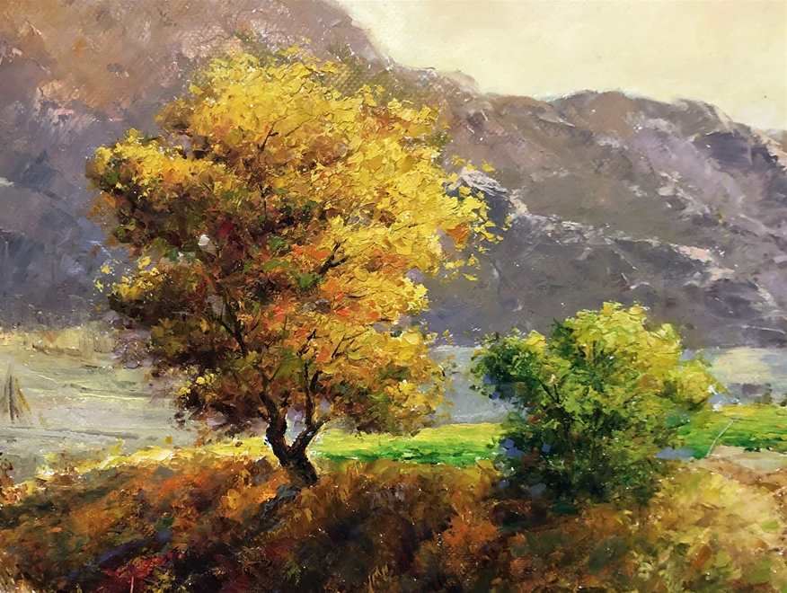 "Golden Pastoral Symphony" - Original Grand-Scale Landscape Oil Painting by First-Class Artist Zheng Min | 157x80cm Museum-Quality Mountain & Village Masterpiece Canvas 10332