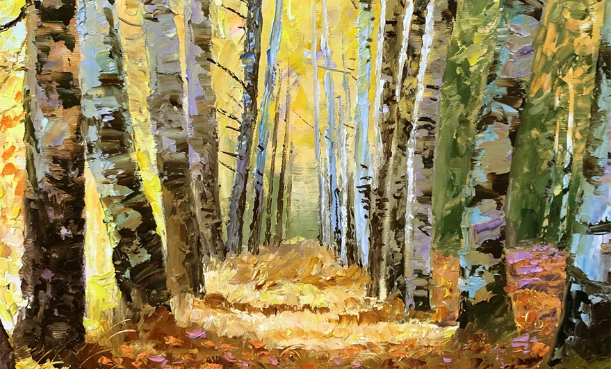 "The Golden Birch Symphony" - Original Autumn Landscape Oil Painting by Merited Artist Li Jixie | 90x60cm Hand-Painted Realist Masterpiece Canvas 10410