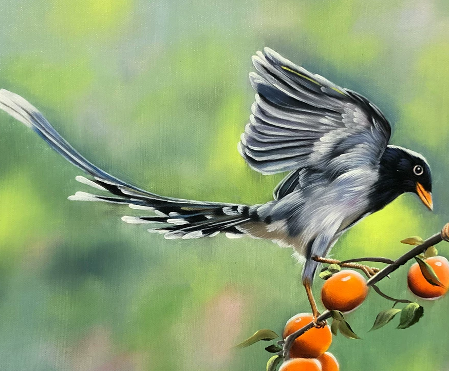 "Double Blessings & Golden Harvest" - Original Magpies and Persimmons Oil Painting by First-Class Artist Chi Zhelin (2021) | 72x46cm Hand-Painted Fine Art Masterpiece 10449