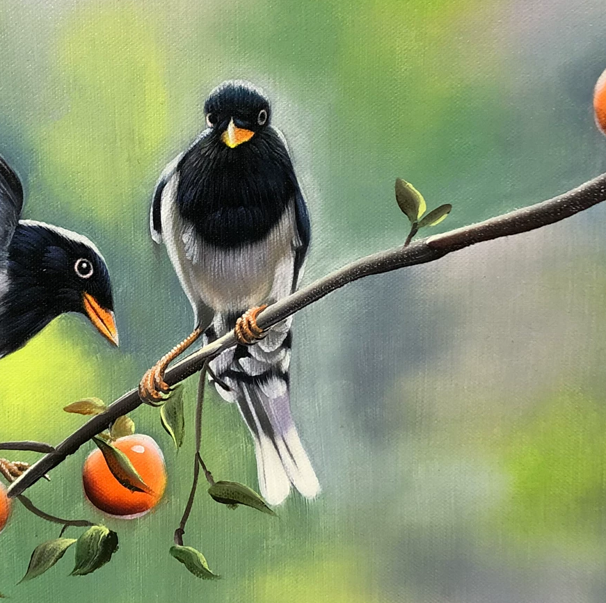 "Double Blessings & Golden Harvest" - Original Magpies and Persimmons Oil Painting by First-Class Artist Chi Zhelin (2021) | 72x46cm Hand-Painted Fine Art Masterpiece 10449