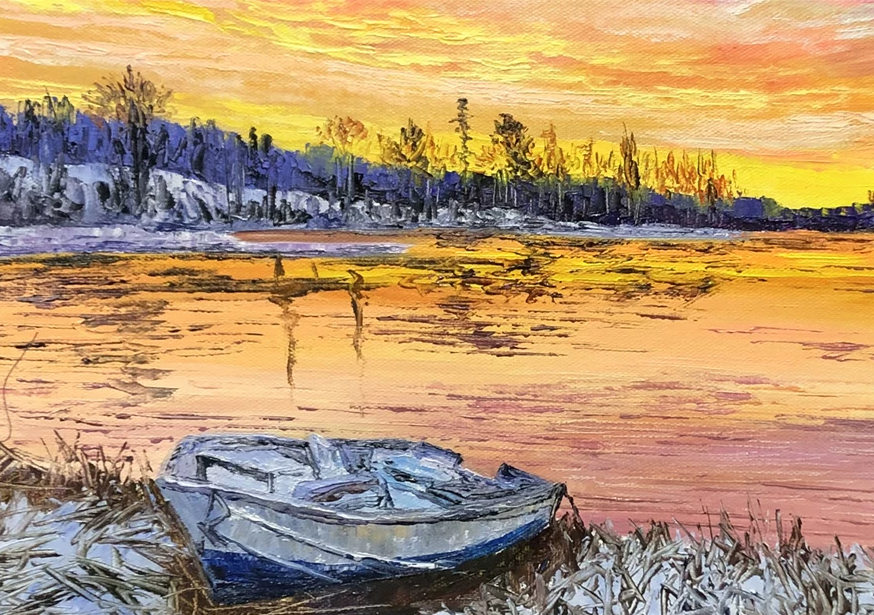 "The Crimson Sunset & Lone Anchor" - Original Winter Landscape Oil Painting by First-Class Artist Kim Jong Su | 53x47cm Hand-Painted Fine Art Masterpiece Canvas 10526