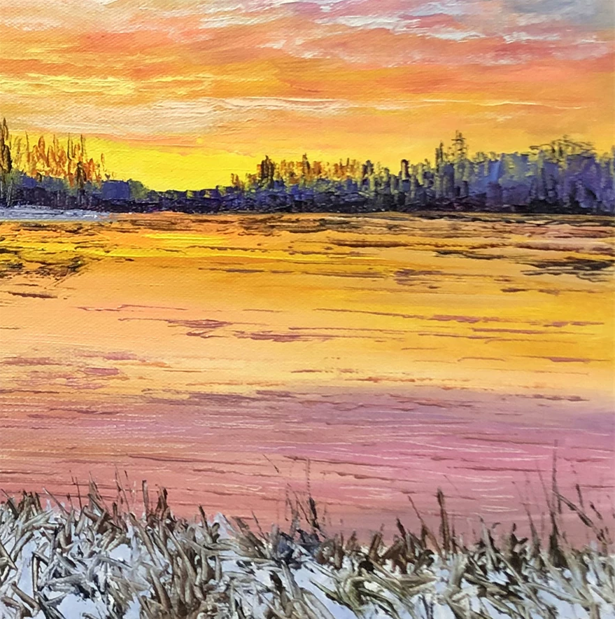 "The Crimson Sunset & Lone Anchor" - Original Winter Landscape Oil Painting by First-Class Artist Kim Jong Su | 53x47cm Hand-Painted Fine Art Masterpiece Canvas 10526