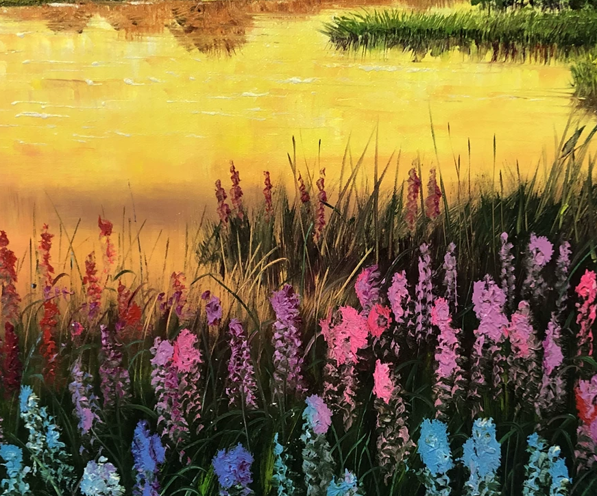 "Lakeside Blossoms in Springtime" - Original Fine Landscape Oil Painting by First-Class Artist Cui Mingxing | 90x60cm Hand-Painted Masterpiece Canvas 10878