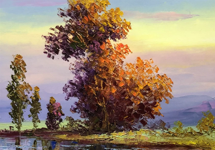 "Golden Autumn Reflection" - Original Impressionist Landscape Oil Painting by First-Class Artist Jin Zhejun | 53x38cm Hand-Painted Fine Art Canvas 9909