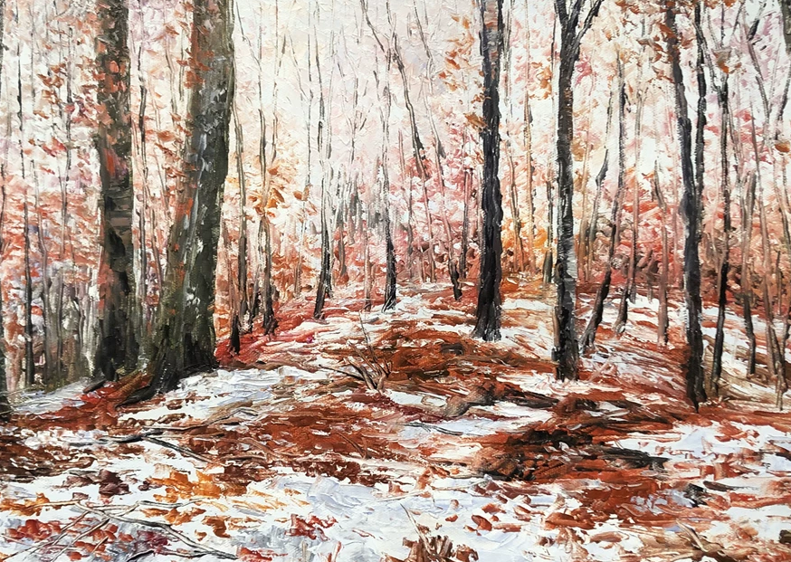 "The Crimson Forest & Winter Snow" - Original Landscape Oil Painting by First-Class Artist Kim Jong Su | 53x37cm Hand-Painted Fine Art Canvas Masterpiece 10531