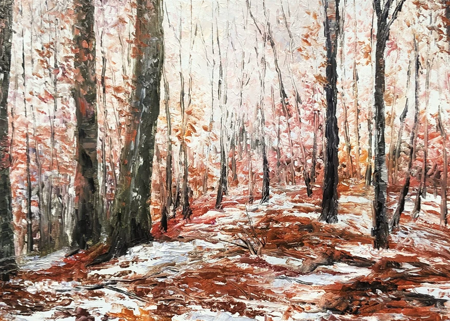"The Crimson Forest & Winter Snow" - Original Landscape Oil Painting by First-Class Artist Kim Jong Su | 53x37cm Hand-Painted Fine Art Canvas Masterpiece 10531