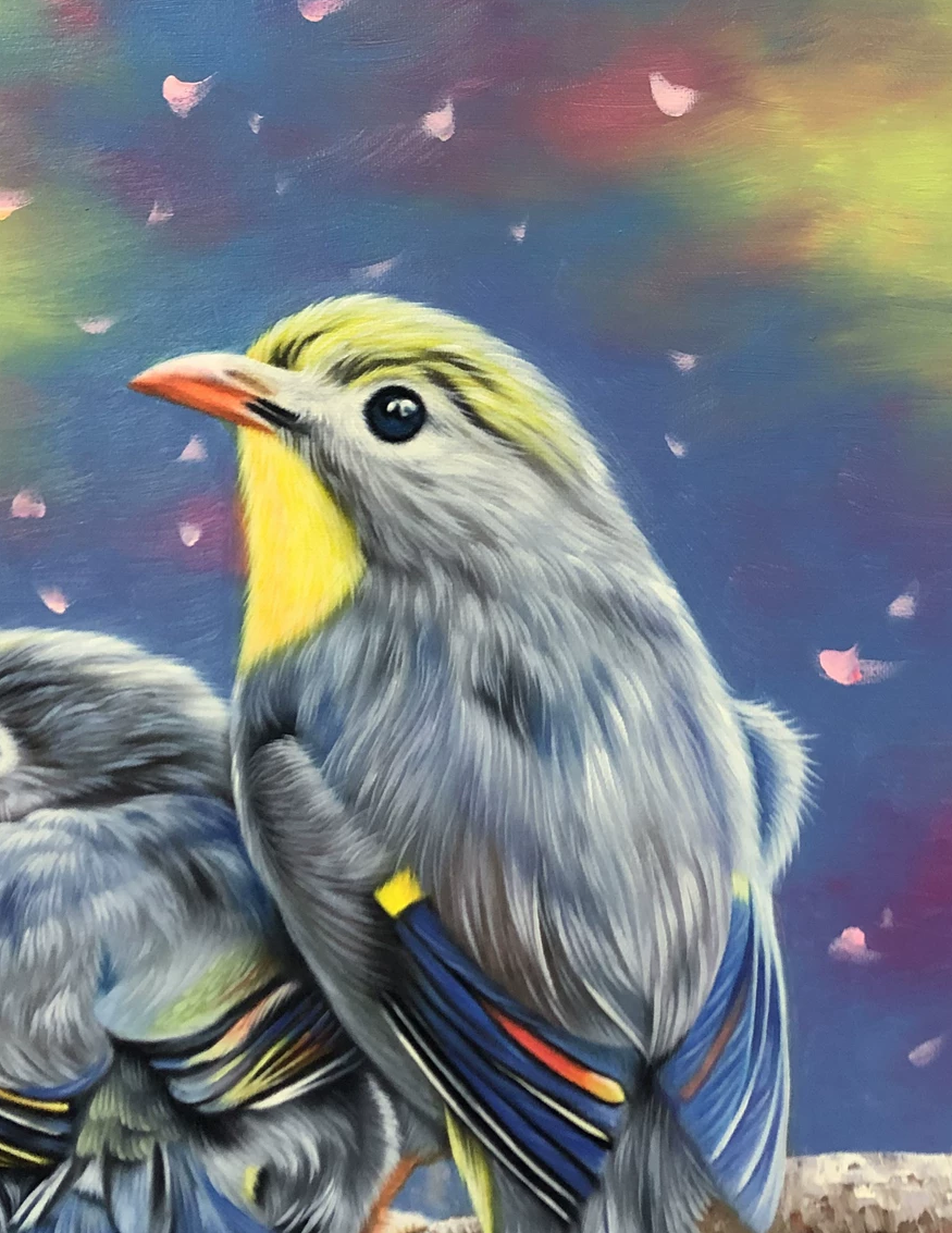 "Double Blessings on the Branch" - Original Hyper-Realistic Birds Fine Art Oil Painting by First-Class Artist Chi Zhe Lin | 50x72cm Hand-Painted Masterpiece Canvas 11057