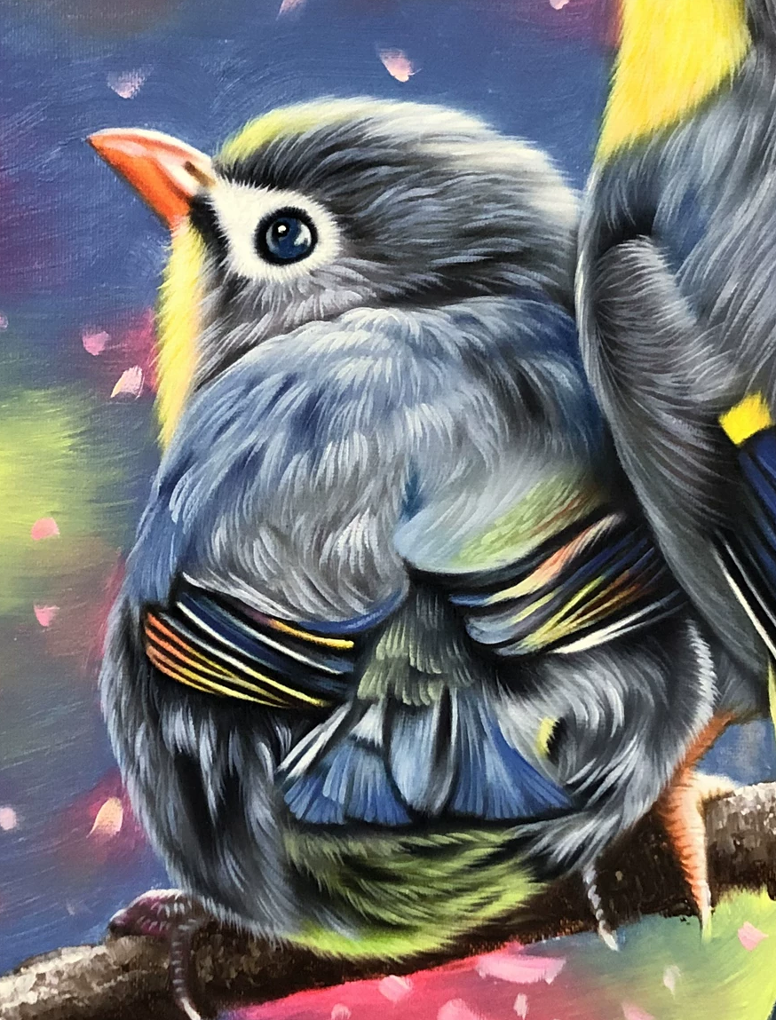 "Double Blessings on the Branch" - Original Hyper-Realistic Birds Fine Art Oil Painting by First-Class Artist Chi Zhe Lin | 50x72cm Hand-Painted Masterpiece Canvas 11057